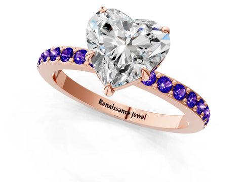 Rose gold Heart Cut Diamond Pavé Engagement Ring with Round with Tanzanite side stone Accents and Prong Setting_1