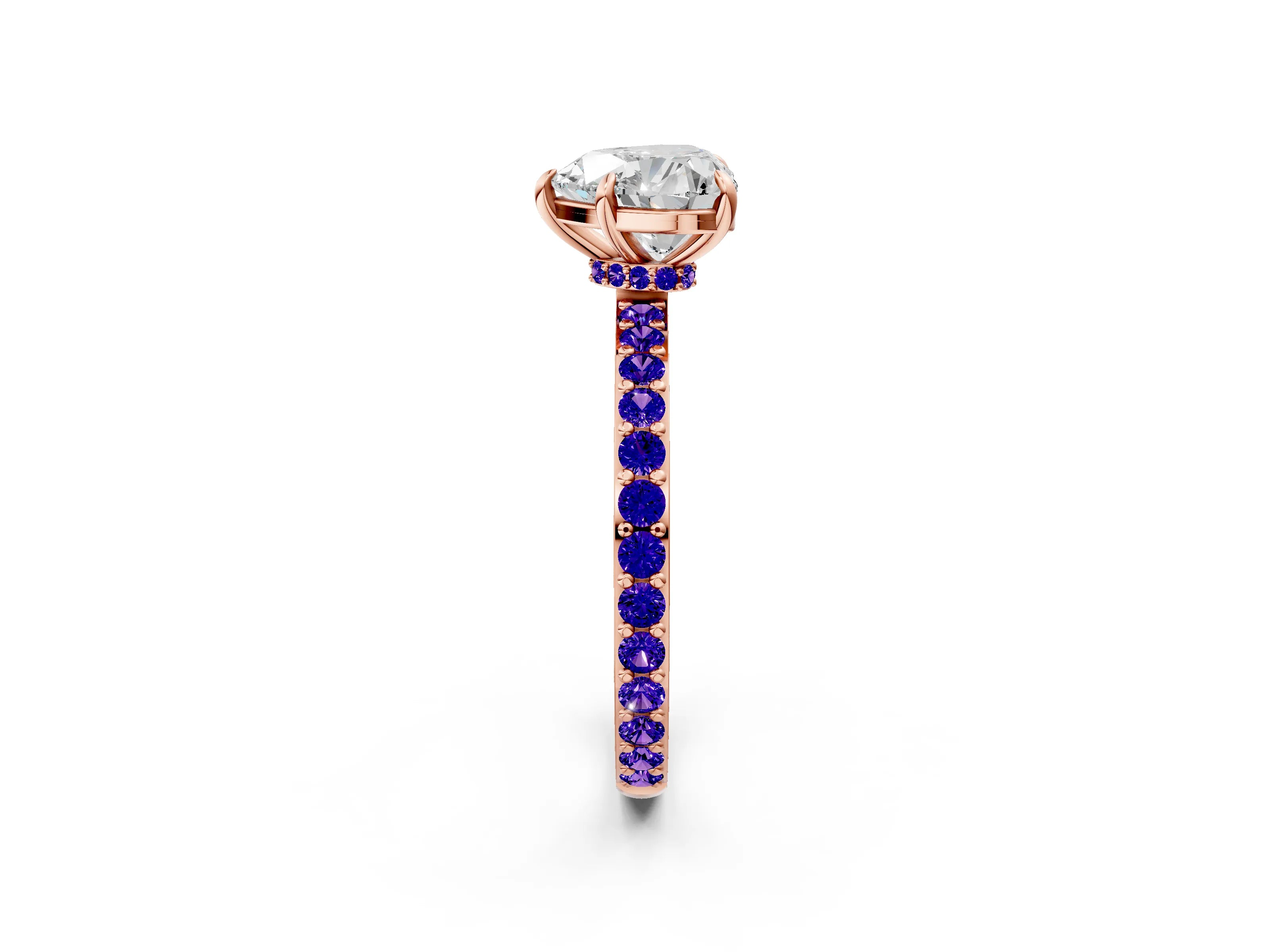 Rose gold Heart Cut Diamond Pavé Engagement Ring with Round with Tanzanite side stone Accents and Prong Setting_2
