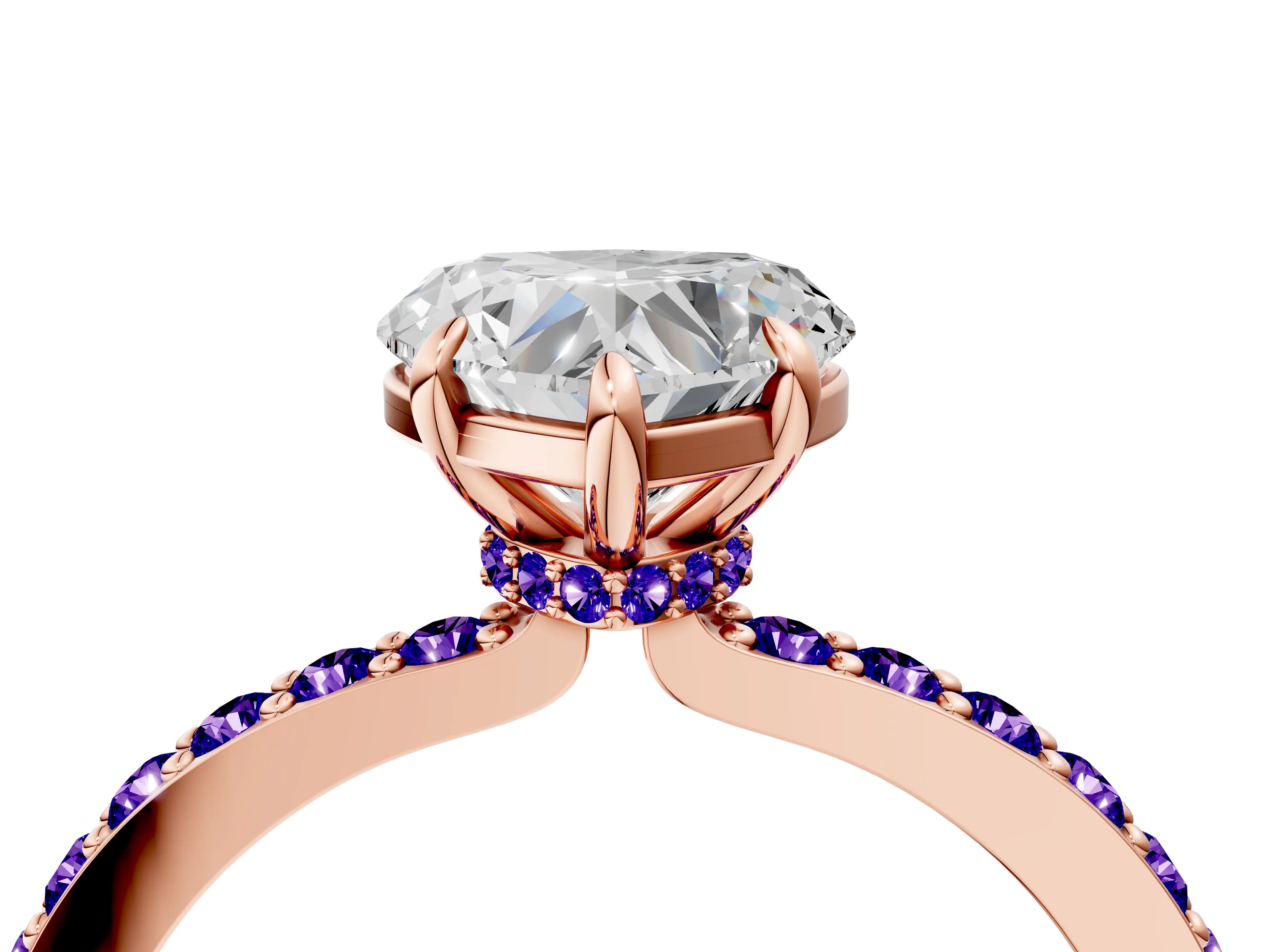 Rose gold Heart Cut Diamond Pavé Engagement Ring with Round with Tanzanite side stone Accents and Prong Setting_4