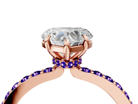 Rose gold Heart Cut Diamond Pavé Engagement Ring with Round with Tanzanite side stone Accents and Prong Setting_4