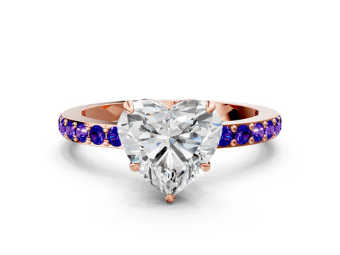 Rose gold Heart Cut Diamond Pavé Engagement Ring with Round with Tanzanite side stone Accents and Prong Setting