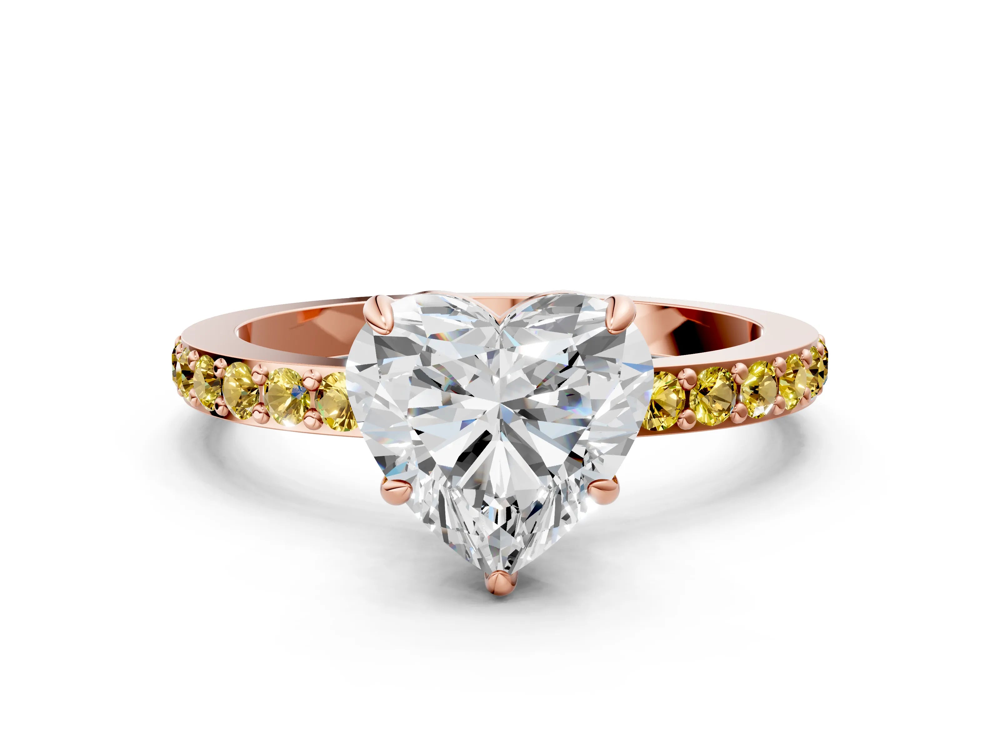 Rose gold Heart Cut Diamond Pavé Engagement Ring with Round with Yellow Sapphire side stone Accents and Prong Setting