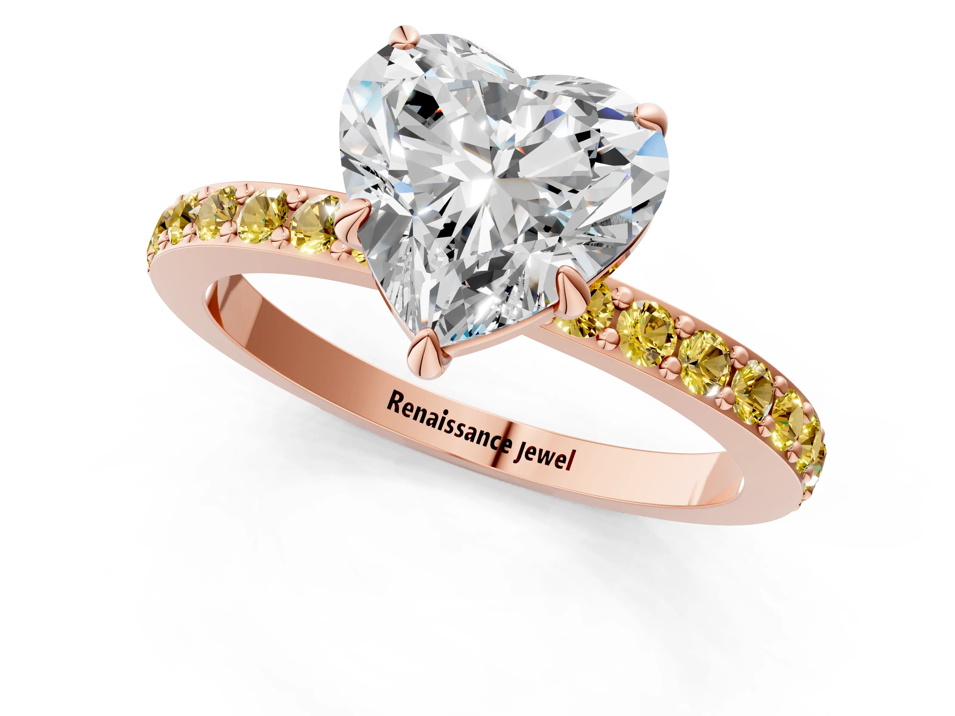 Rose gold Heart Cut Diamond Pavé Engagement Ring with Round with Yellow Sapphire side stone Accents and Prong Setting_1