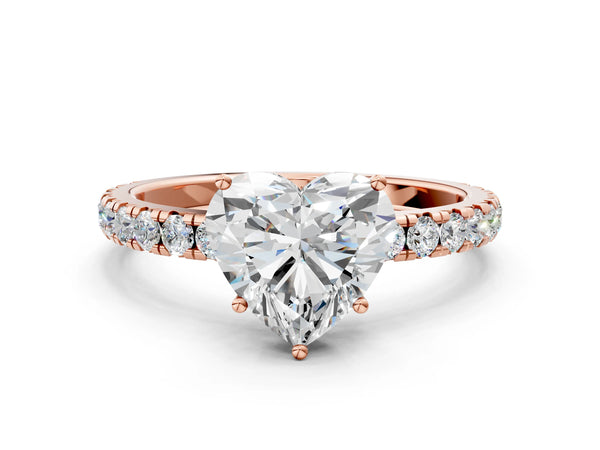 Rose Gold Heart-Shaped Solitaire Engagement Ring Setting with Large Shared Prong Pave Band