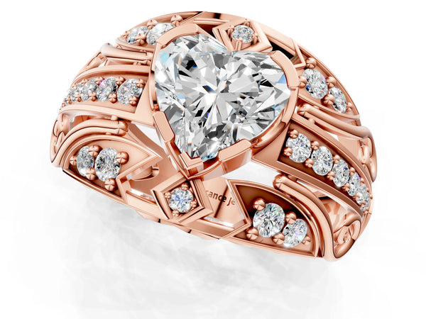 Rose gold Heart Cut Diamond Pave Art Deco Split Shank Ring with Four-Prong Setting