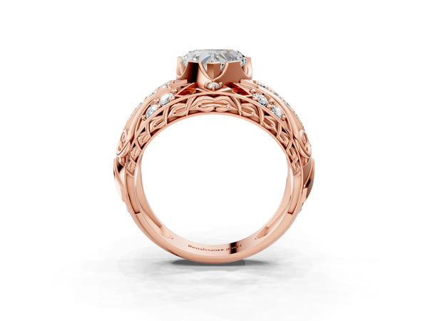 Rose gold Heart Cut Diamond Pave Art Deco Split Shank Ring with Four-Prong Setting
