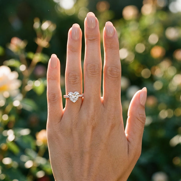 Rose gold Heart Cut Diamond Pave Band Solitaire Ring with Round  and Prong Setting
