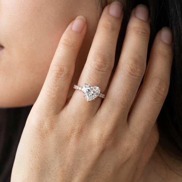 Rose gold Heart Cut Diamond Pave Band Solitaire Ring with Round  and Prong Setting