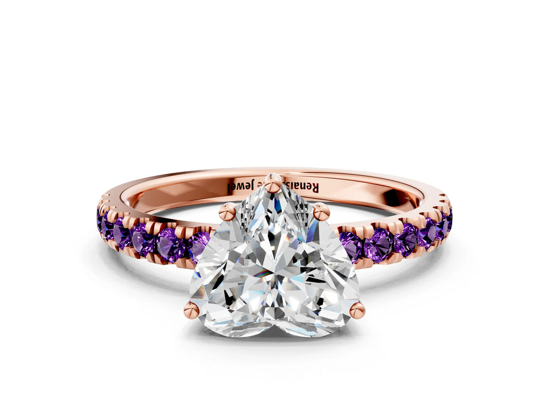 Rose gold Heart Cut Diamond Pave Band Solitaire Ring with Round with Amethyst side stone and Prong Setting