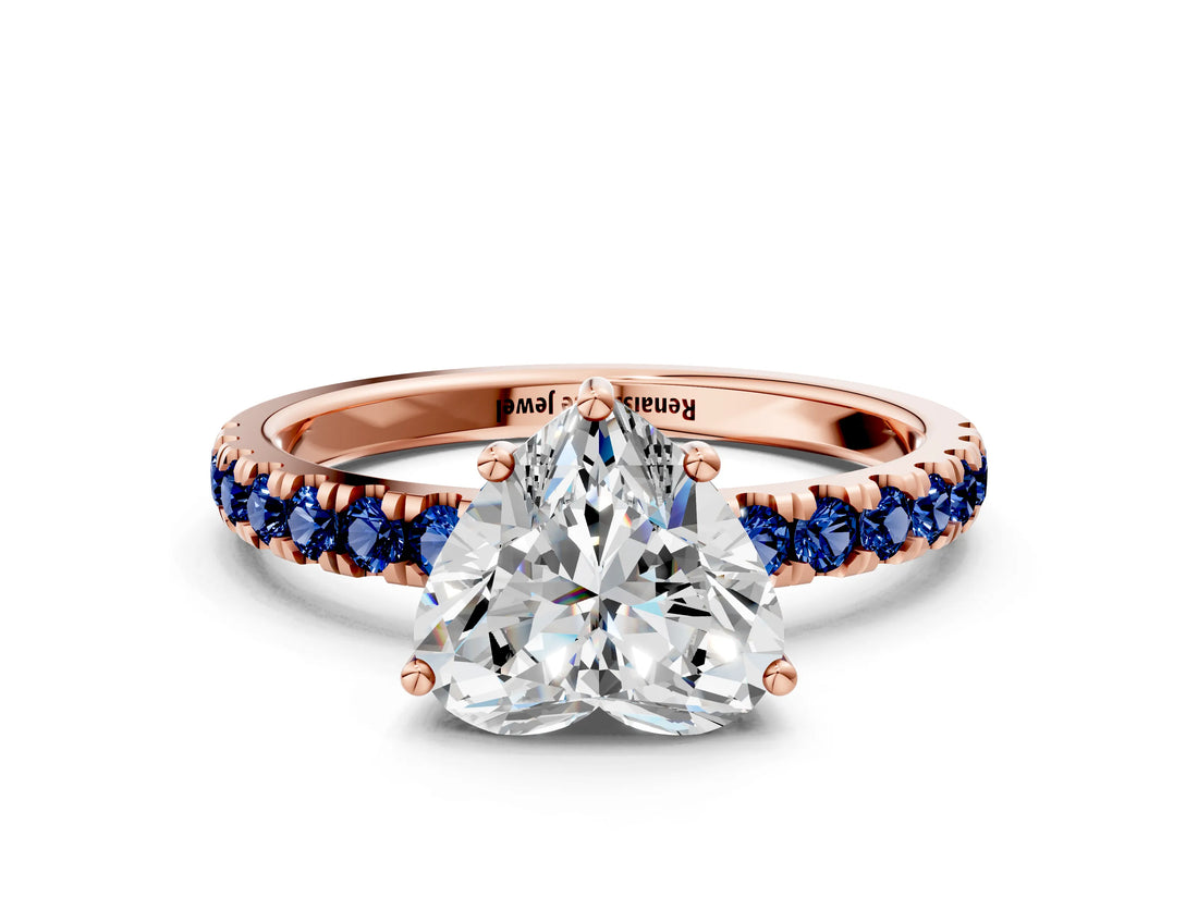 Rose gold Heart Cut Diamond Pave Band Solitaire Ring with Round with Blue Sapphire side stone and Prong Setting_24