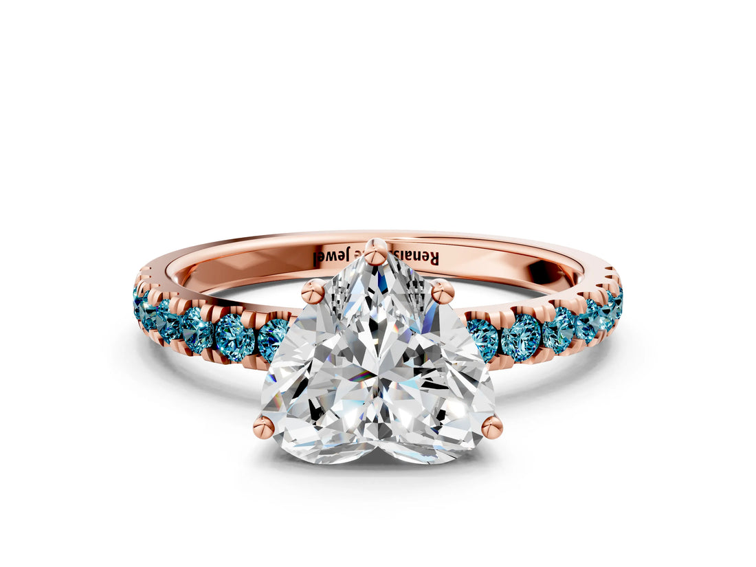 Rose gold Heart Cut Diamond Pave Band Solitaire Ring with Round with Blue Topaz side stone and Prong Setting_12