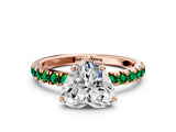 Rose gold Heart Cut Diamond Pave Band Solitaire Ring with Round with Emerald side stone and Prong Setting