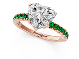 Rose gold Heart Cut Diamond Pave Band Solitaire Ring with Round with Emerald side stone and Prong Setting_1