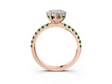 Rose gold Heart Cut Diamond Pave Band Solitaire Ring with Round with Emerald side stone and Prong Setting_3