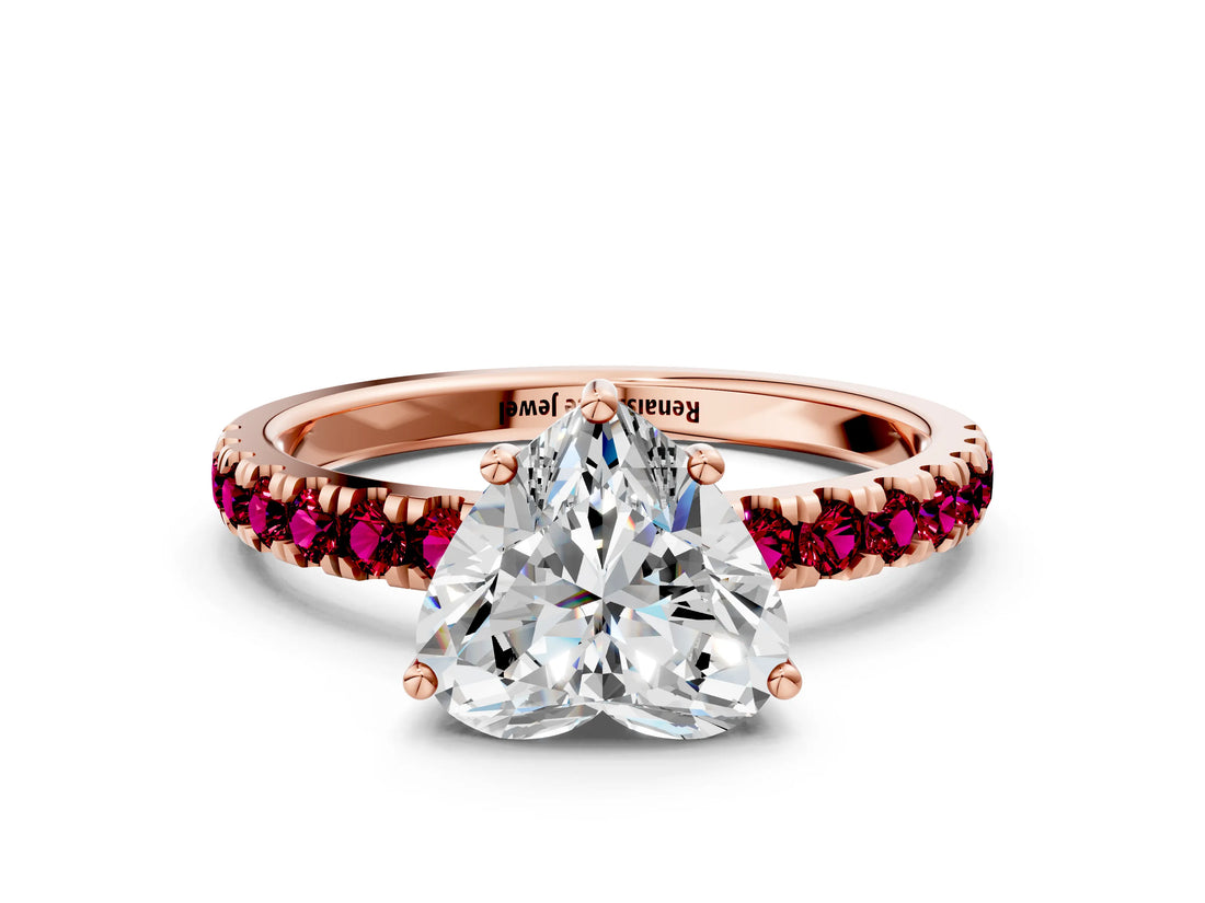 Rose gold Heart Cut Diamond Pave Band Solitaire Ring with Round with Garnet side stone and Prong Setting_12