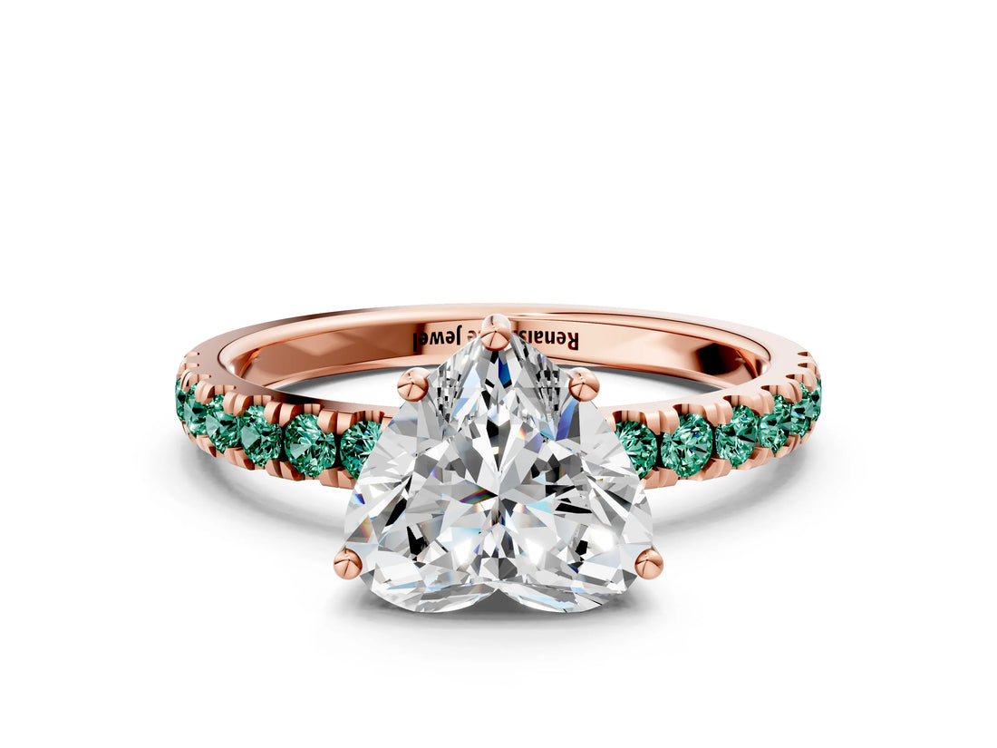 Rose gold Heart Cut Diamond Pave Band Solitaire Ring with Round with Green Sapphire side stone and Prong Setting_24