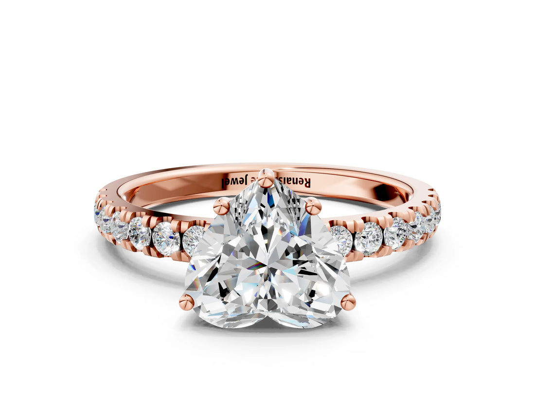 Rose gold Heart Cut Diamond Pave Band Solitaire Ring with Round with Moissanite side stone and Prong Setting_24
