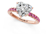 Rose gold Heart Cut Diamond Pave Band Solitaire Ring with Round with Pink Sapphire side stone and Prong Setting_25