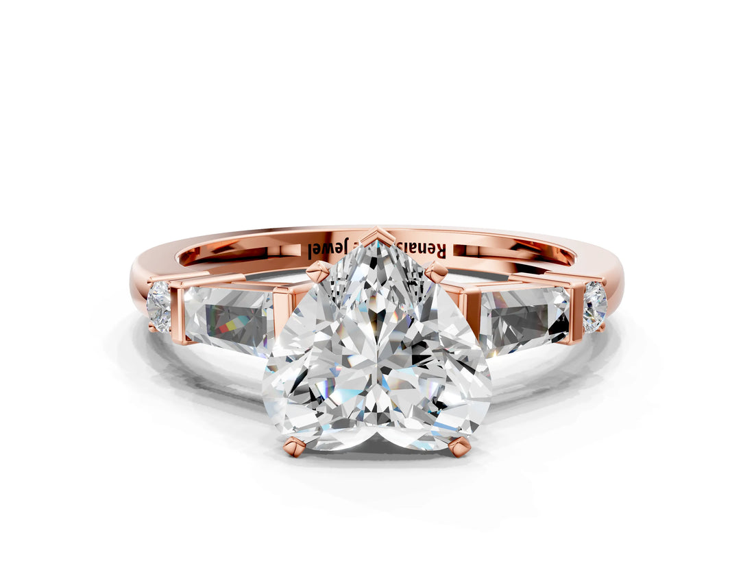 Rose gold Heart Cut Diamond Ring with Baguette Side Stones, Channel Set Band, and Four-Prong Setting_25