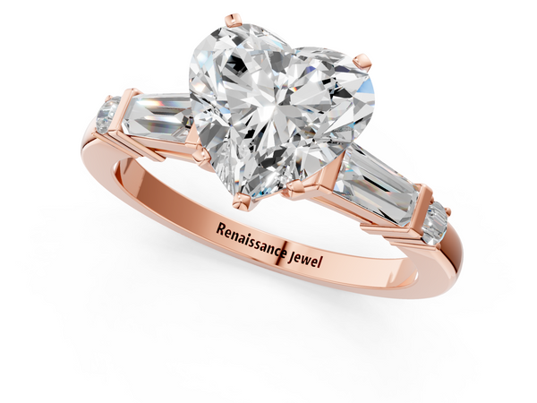 Rose gold Heart Cut Diamond Ring with Baguette Side Stones, Channel Set Band, and Four-Prong Setting