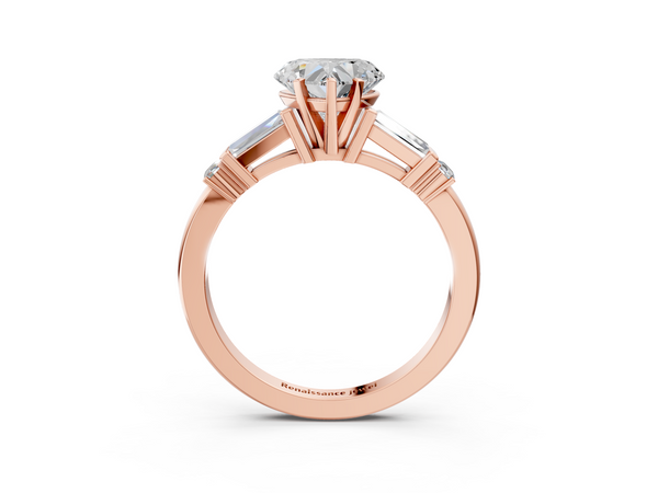 Rose gold Heart Cut Diamond Ring with Baguette Side Stones, Channel Set Band, and Four-Prong Setting