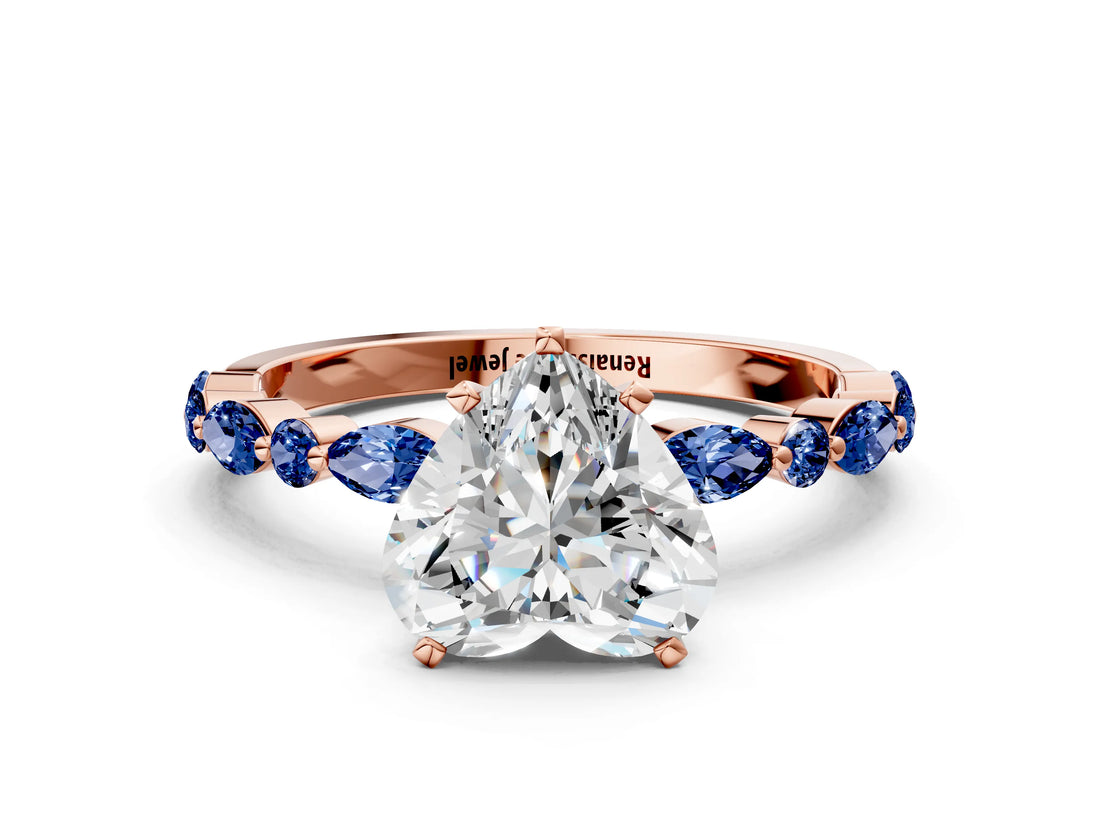 Rose gold Heart Cut Diamond Ring with Marquise and Round with Blue Sapphire side stone Side Stones and Four-Prong Setting_36