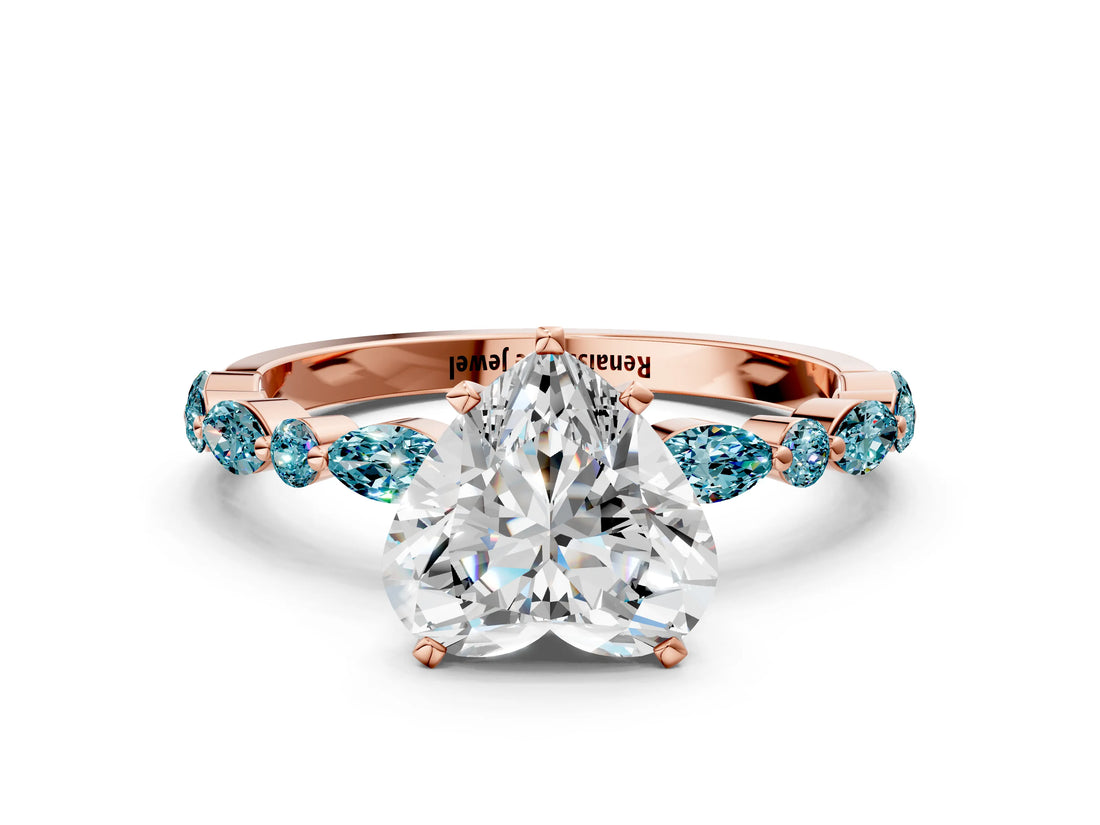 Rose gold Heart Cut Diamond Ring with Marquise and Round with Blue Topaz side stone Side Stones and Four-Prong Setting_24