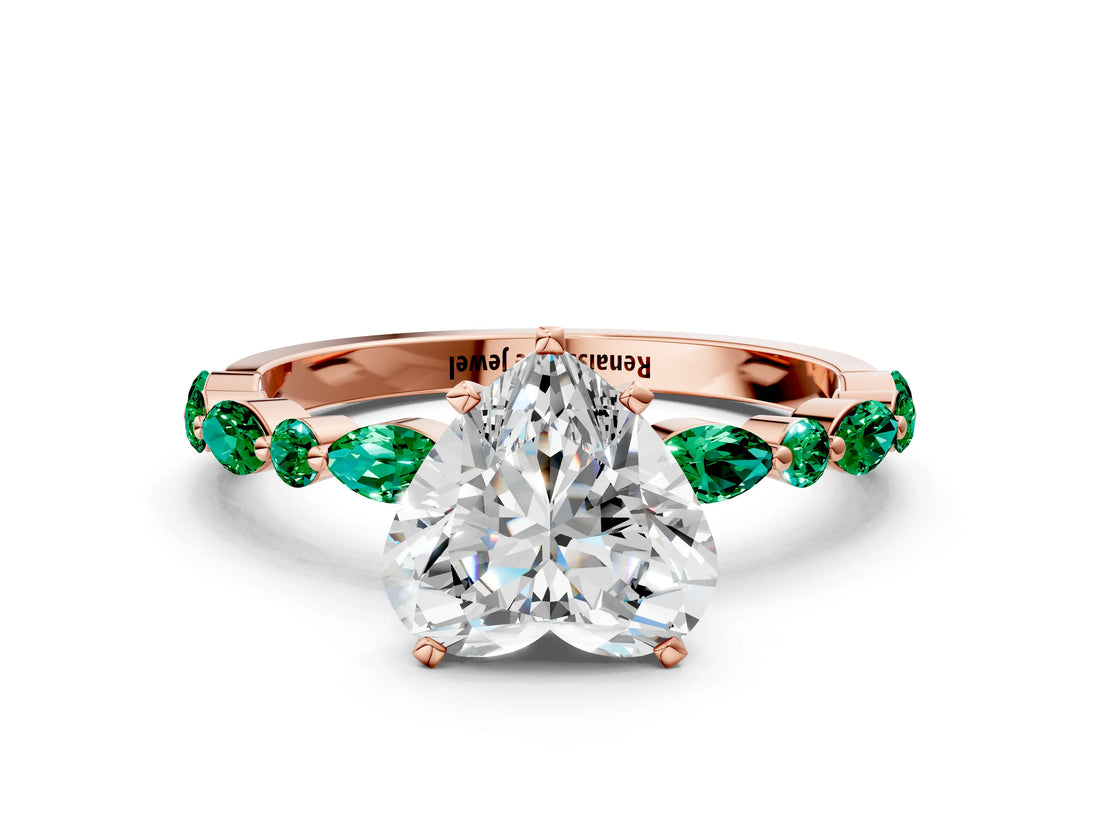 Rose gold Heart Cut Diamond Ring with Marquise and Round with Emerald side stone Side Stones and Four-Prong Setting_48