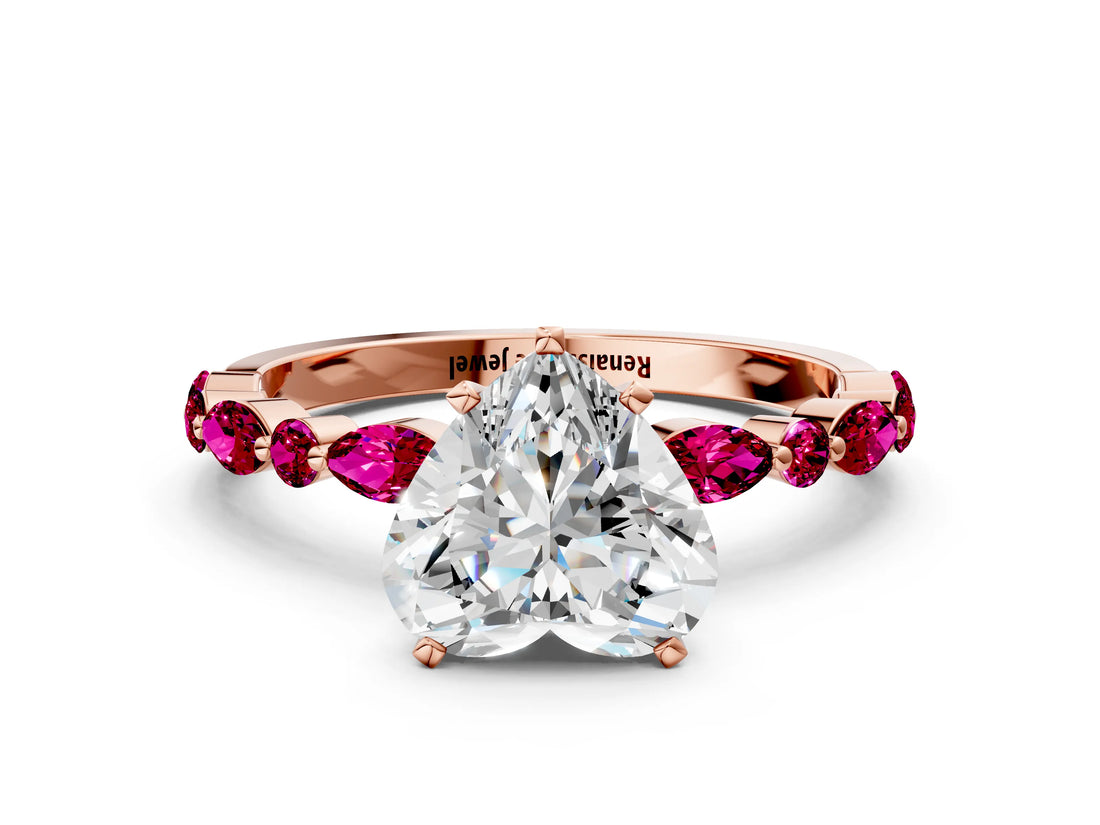 Rose gold Heart Cut Diamond Ring with Marquise and Round with Garnet side stone Side Stones and Four-Prong Setting_24