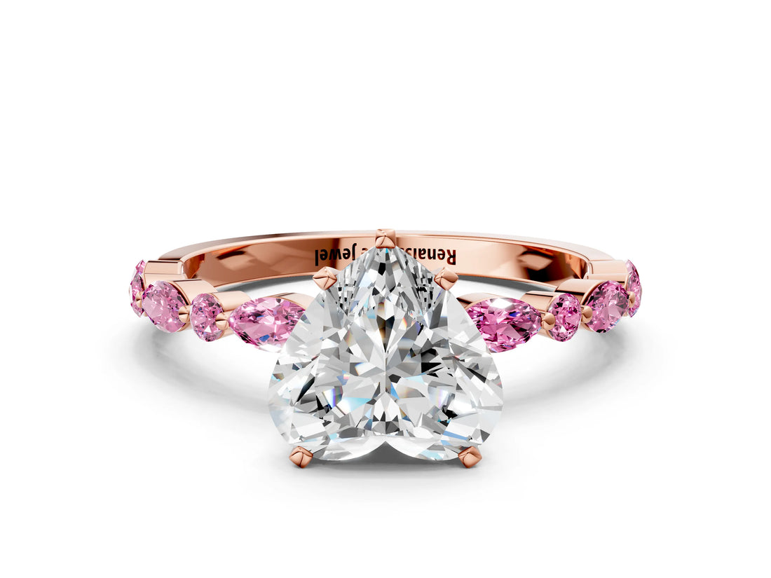 Rose gold Heart Cut Diamond Ring with Marquise and Round with Pink Sapphire side stone Side Stones and Four-Prong Setting_12