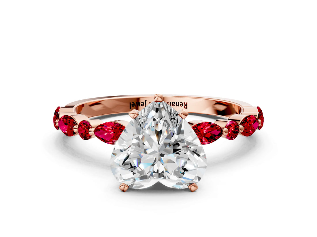 Rose gold Heart Cut Diamond Ring with Marquise and Round with Ruby side stone Side Stones and Four-Prong Setting_36