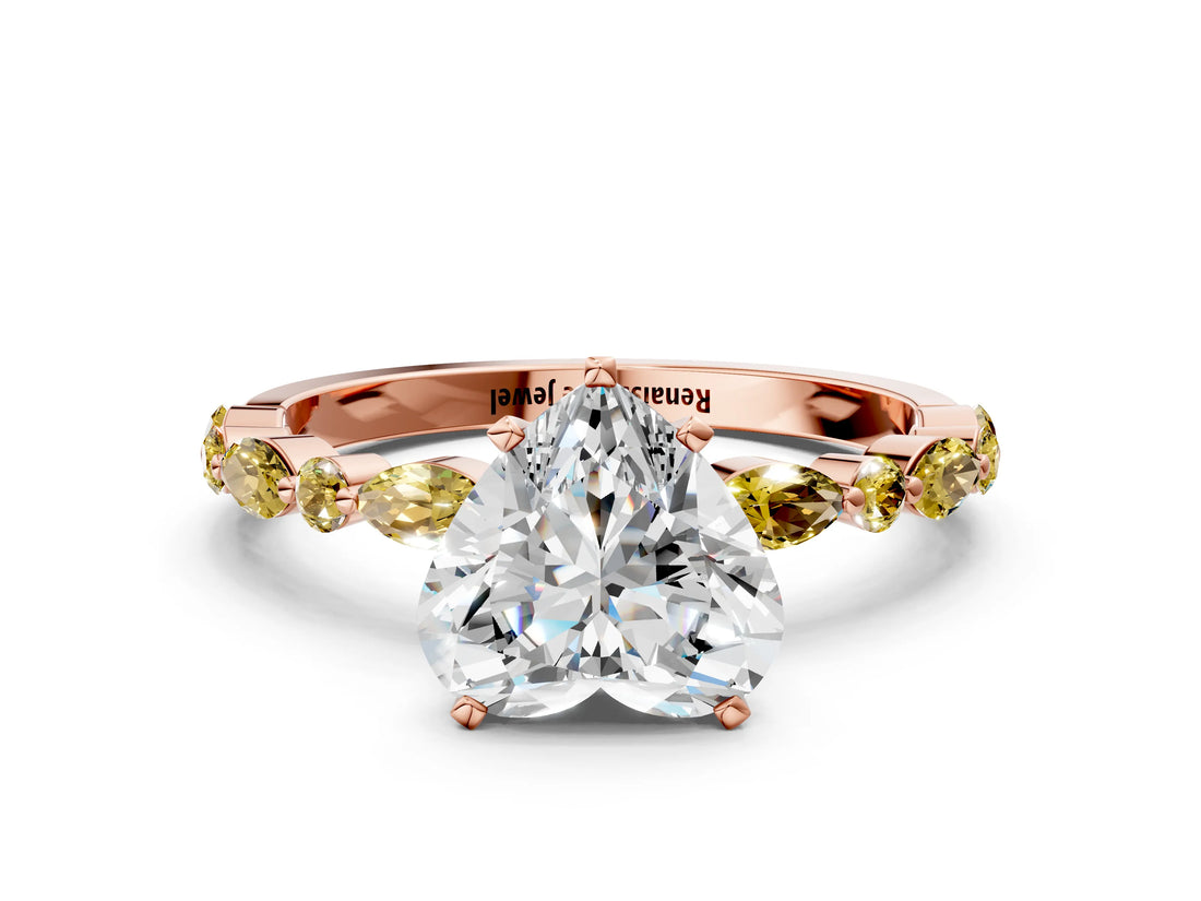 Rose gold Heart Cut Diamond Ring with Marquise and Round with Yellow Sapphire side stone Side Stones and Four-Prong Setting_24