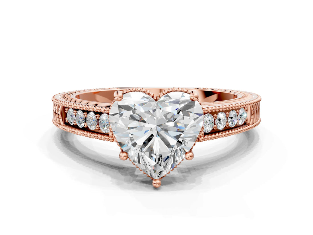 Rose gold Heart Cut Diamond Ring with Milgrain Pavé Band and Four-Prong Setting_23