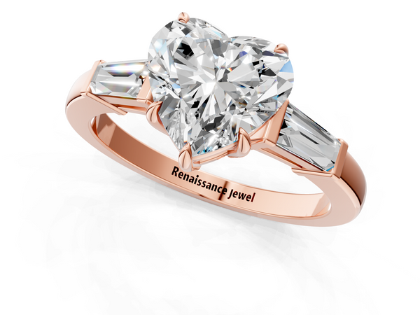 Rose gold Heart Cut Diamond Ring with Tapered Baguette Side Stones in Four-Prong Setting