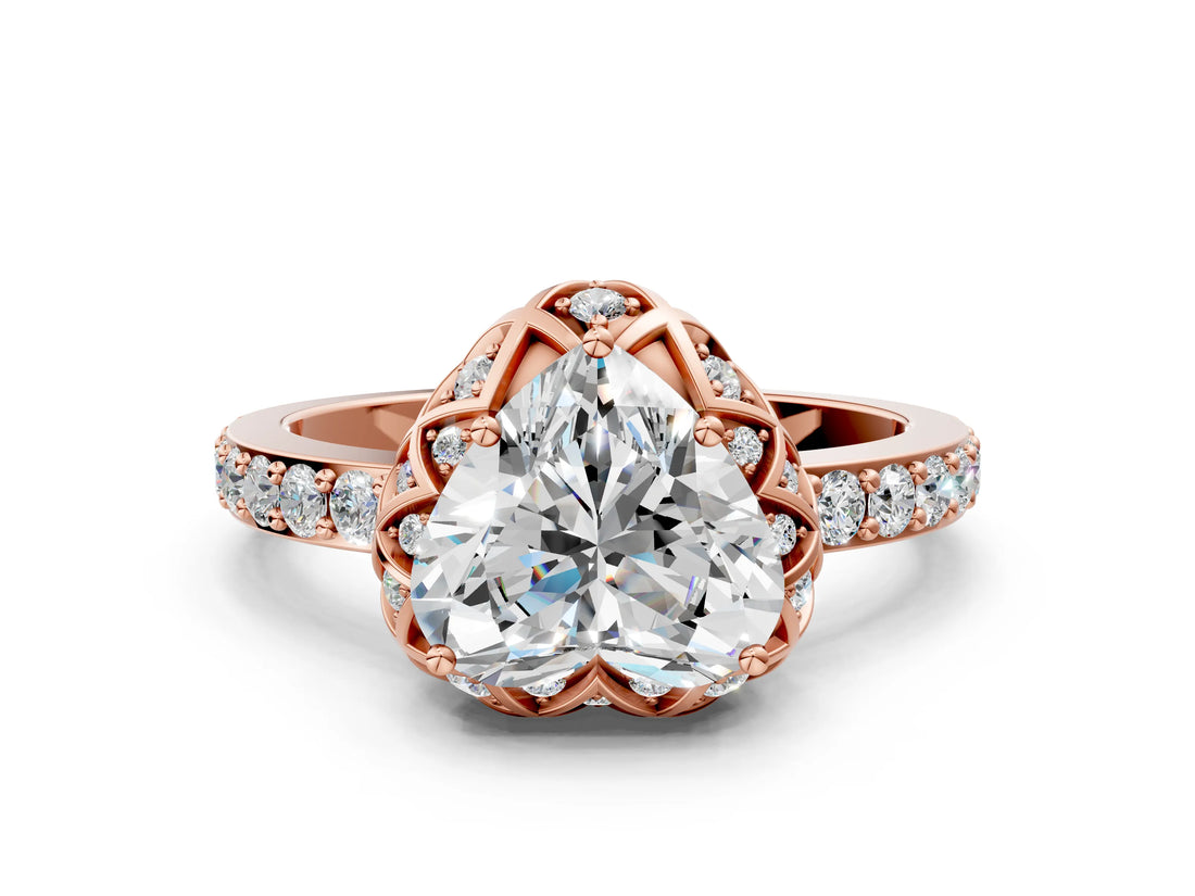 Rose gold Heart Cut Diamond Scalloped Halo Engagement Ring with Round Shared Prong Band_24
