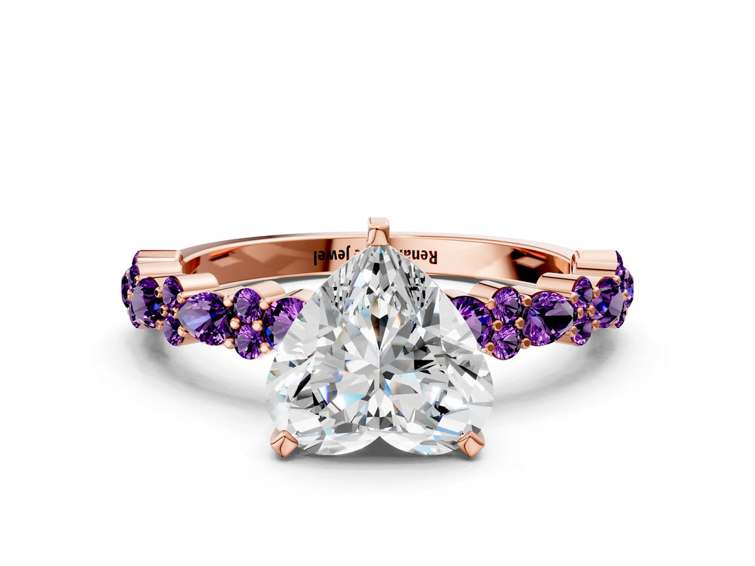 Rose gold Heart Cut Diamond Side Stone Solitaire Ring with Round with Amethyst side stone and Four-Prong Setting