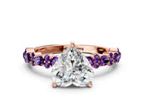 Rose gold Heart Cut Diamond Side Stone Solitaire Ring with Round with Amethyst side stone and Four-Prong Setting