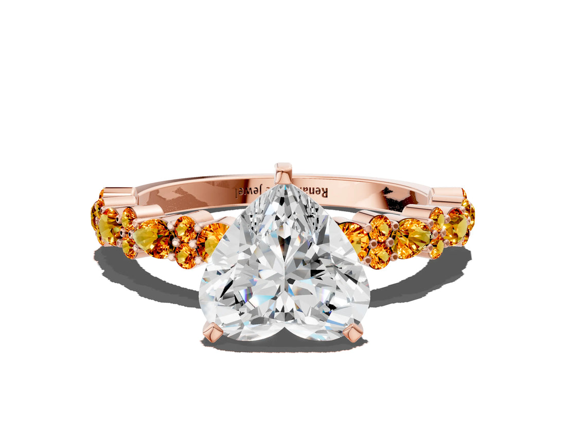 Rose gold Heart Cut Diamond Side Stone Solitaire Ring with Round with Citrine side stone and Four-Prong Setting_19