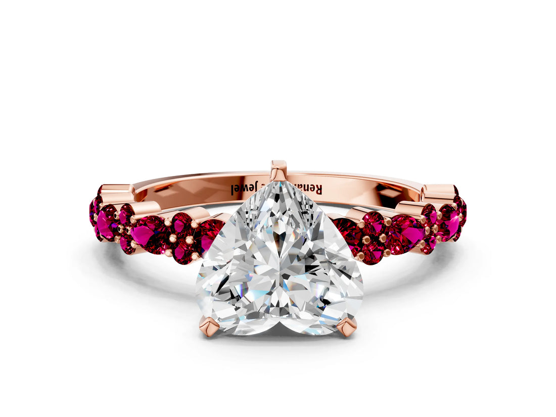 Rose gold Heart Cut Diamond Side Stone Solitaire Ring with Round with Garnet side stone and Four-Prong Setting_20