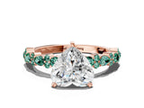 Rose gold Heart Cut Diamond Side Stone Solitaire Ring with Round with Green Sapphire side stone and Four-Prong Setting
