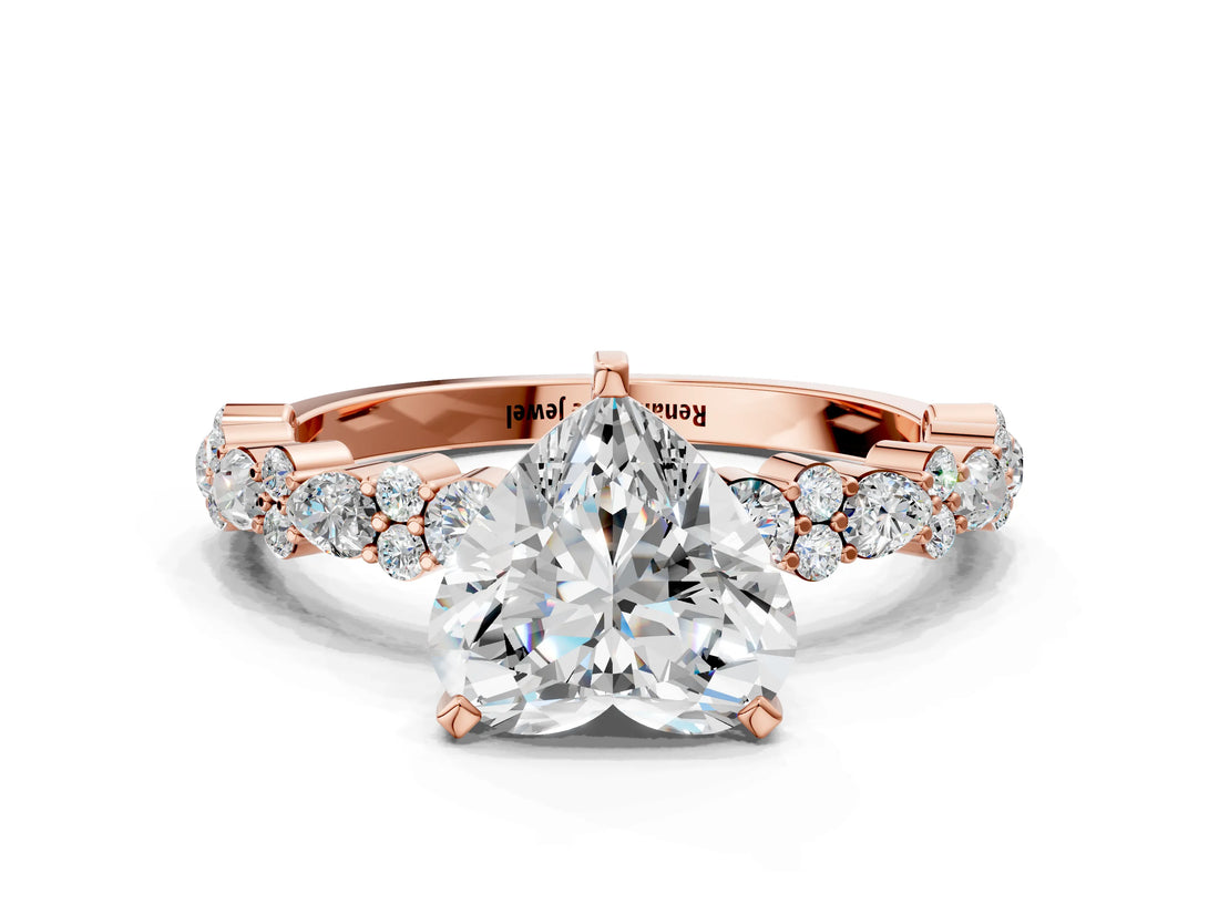 Rose gold Heart Cut Diamond Side Stone Solitaire Ring with Round with Moissanite side stone and Four-Prong Setting_24