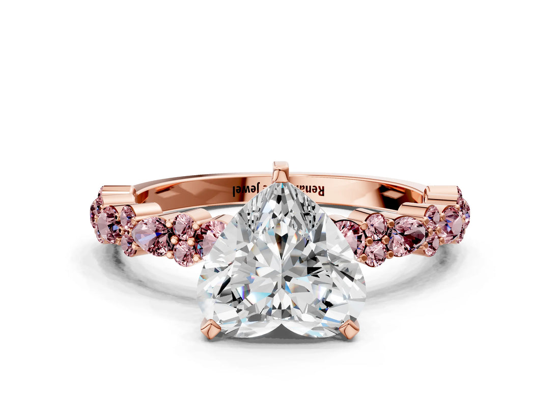 Rose gold Heart Cut Diamond Side Stone Solitaire Ring with Round with Morganite side stone and Four-Prong Setting