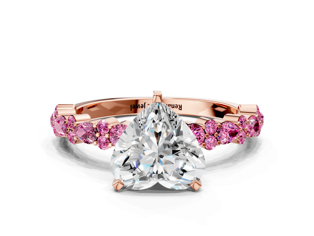 Rose gold Heart Cut Diamond Side Stone Solitaire Ring with Round with Pink Sapphire side stone and Four-Prong Setting_19