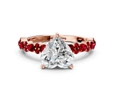 Rose gold Heart Cut Diamond Side Stone Solitaire Ring with Round with Ruby side stone and Four-Prong Setting