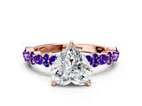 Rose gold Heart Cut Diamond Side Stone Solitaire Ring with Round with Tanzanite side stone and Four-Prong Setting