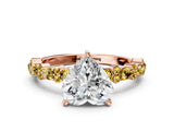 Rose gold Heart Cut Diamond Side Stone Solitaire Ring with Round with Yellow Sapphire side stone and Four-Prong Setting