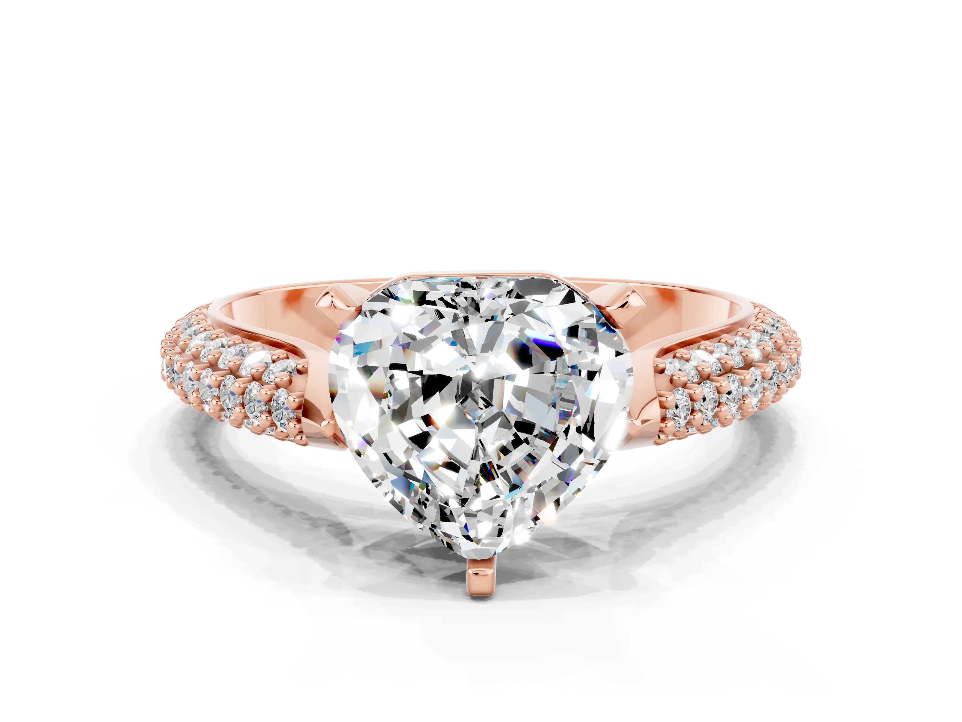 Rose gold Heart Cut Diamond Solitaire Engagement Ring with Pavé Band and Four-Prong Setting