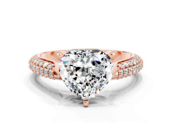 Rose gold Heart Cut Moissanite Solitaire Engagement Ring with Multi-Row Round Pavé Band and Prong Setting