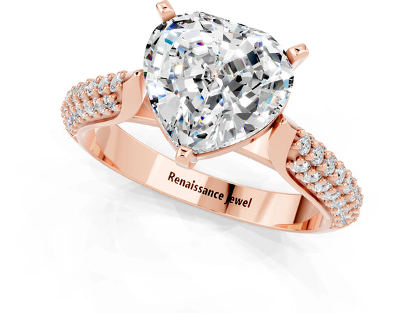 Rose gold Heart Cut Moissanite Solitaire Engagement Ring with Multi-Row Round Pavé Band and Prong Setting