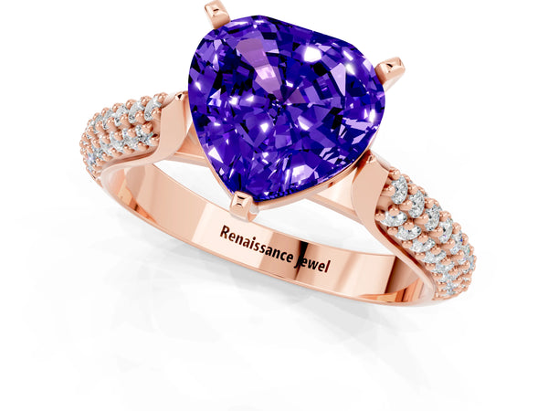 Rose gold Heart Cut Tanzanite Solitaire Engagement Ring with Multi-Row Round Pavé Band and Prong Setting